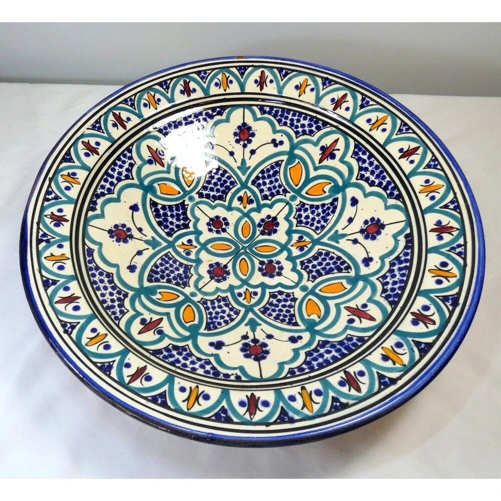 Large VTG Hand Painted Moroccan Floral Mandala Bowl Heavy Gorgeous 16